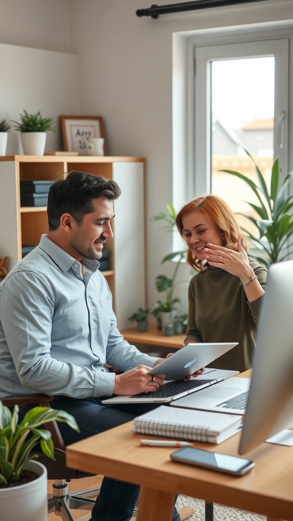 A couple discussing goals in a cozy home office, with plants and a laptop on the table.