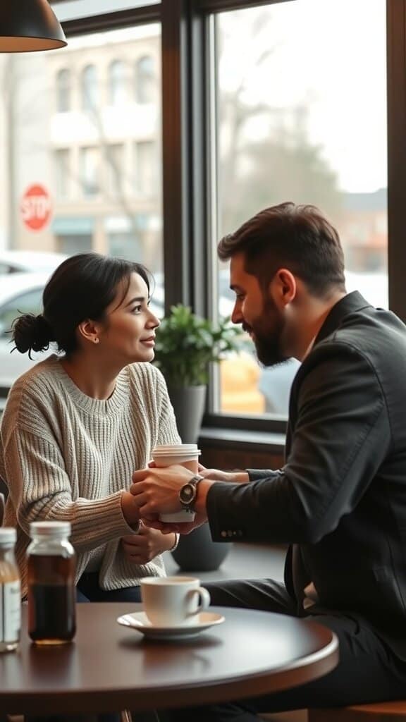 A couple sitting in a cafe, smiling and holding hands while sharing a warm drink.