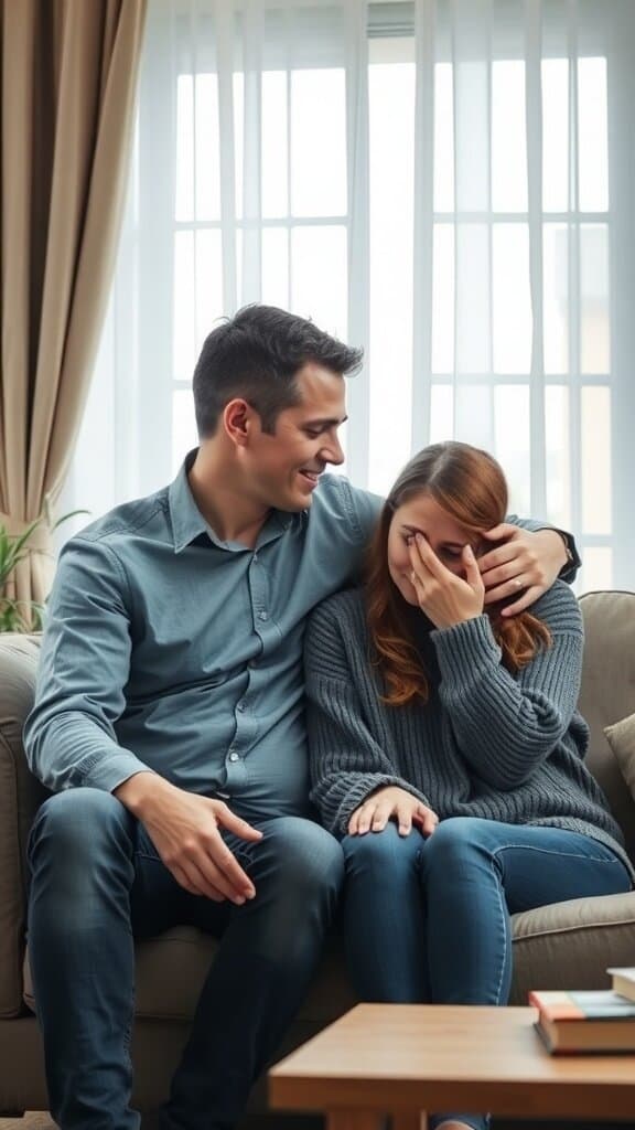 A man comforting a woman on a couch, showing support during a tough time.