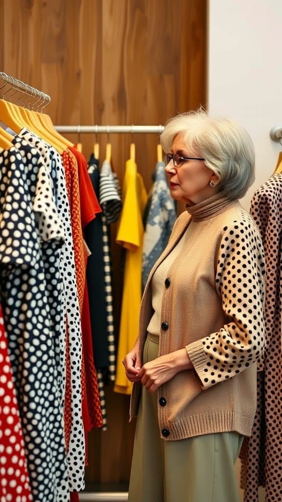 A woman with gray hair looking at a rack of clothing with various patterns.
