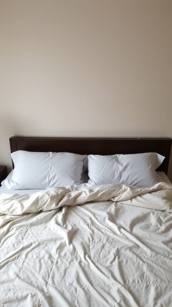 A bed with wrinkled white bedding and two pillows, looking uninviting.