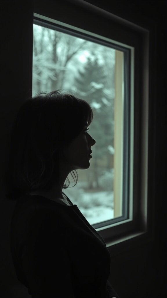 A woman gazing out of a window, her silhouette illuminated by soft light, creating an air of mystery.