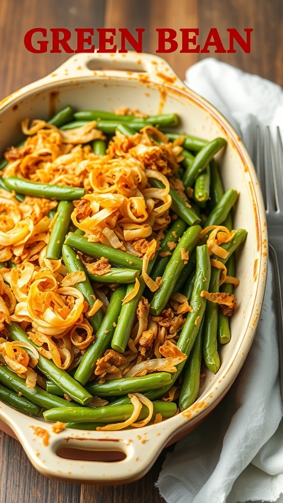 A dish of green bean casserole topped with crispy fried onions.