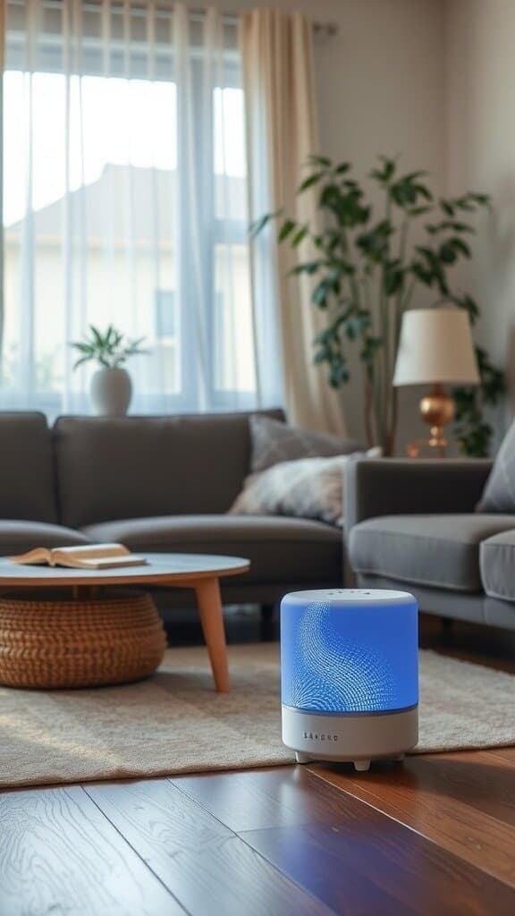 A sound machine with a calming blue light in a cozy living room setting.