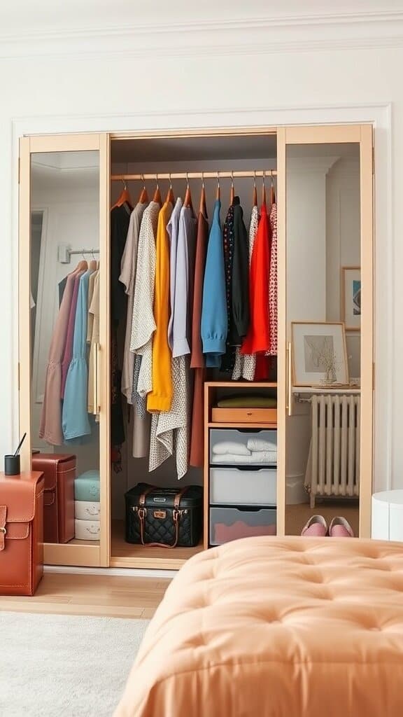 A stylish wardrobe with color-coded clothing organization, featuring a mix of vibrant and neutral colors, neatly hung and stored.