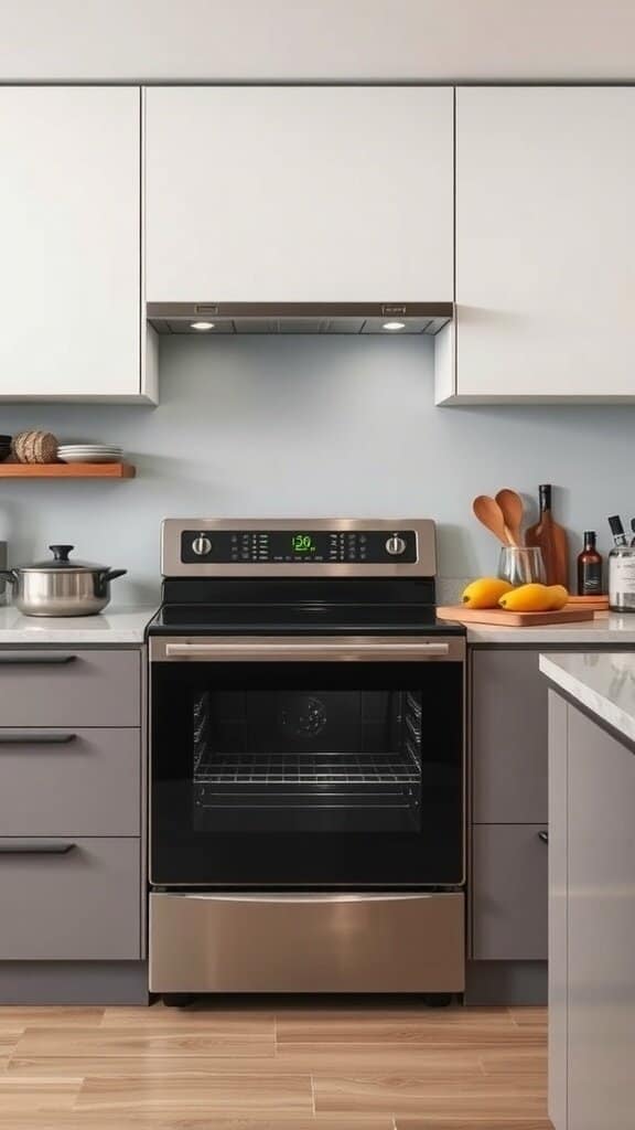 A modern kitchen with a sleek oven and cooking utensils on the counter.