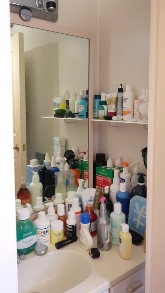 A cluttered bathroom countertop filled with various bottles and products.