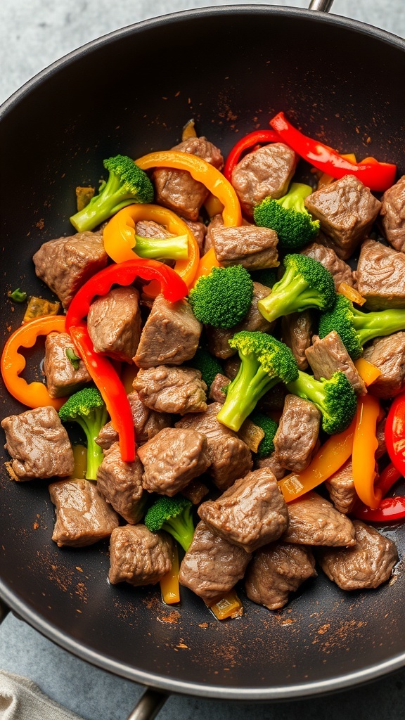 A colorful beef stir-fry with broccoli and bell peppers in a skillet.