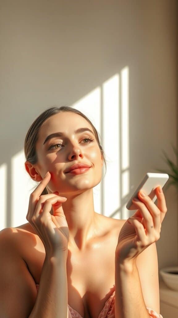 A woman applying peachy blush while looking in a mirror, showcasing a youthful glow.