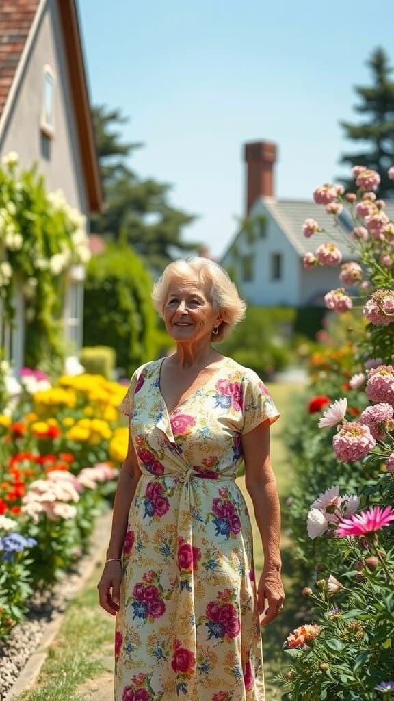 A woman in a floral dress standing in a garden filled with colorful flowers.