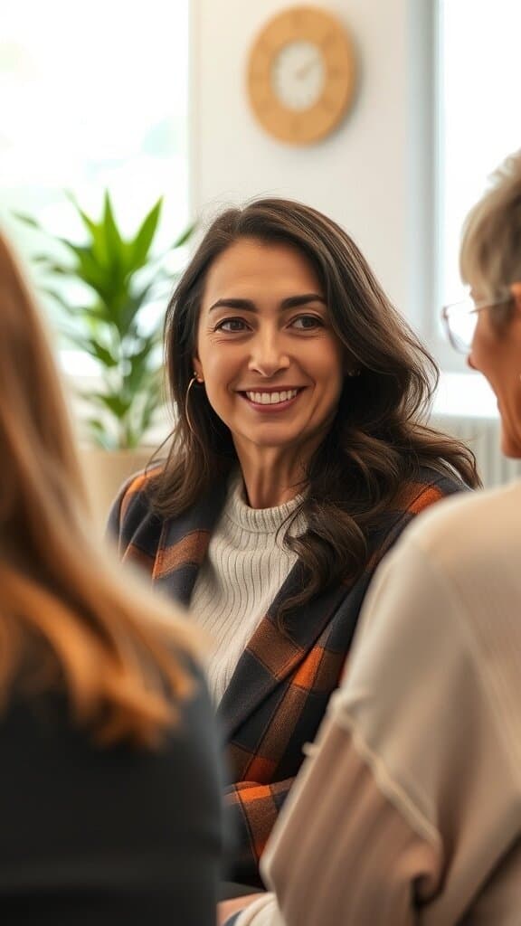 A woman smiling and engaging in conversation with others, showcasing active listening skills.
