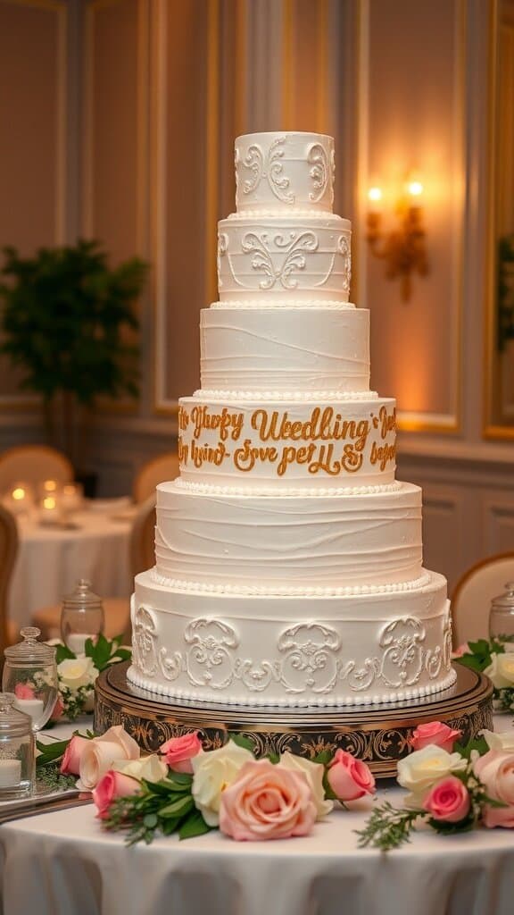 A multi-tiered wedding cake decorated with white icing and gold lettering, surrounded by flowers.