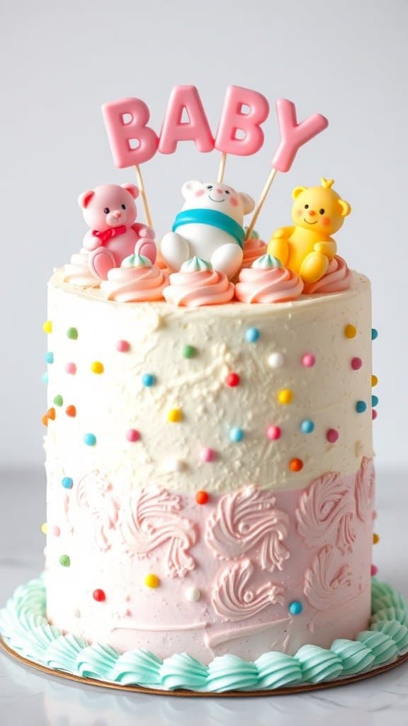 A colorful baby shower cake decorated with fondant bears and sprinkles.