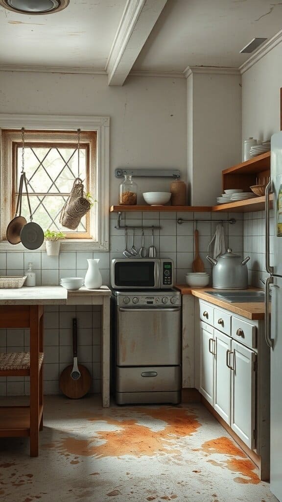 A cluttered kitchen with signs of spills and a messy countertop.