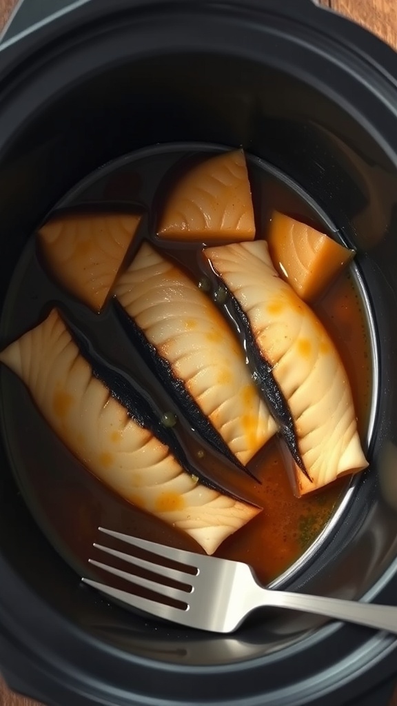 Rubbery fish fillets in sauce in a slow cooker with a fork beside them.