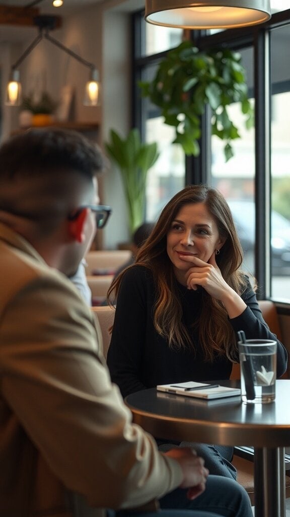 A woman smiling and listening attentively to a man during a conversation in a cafe.