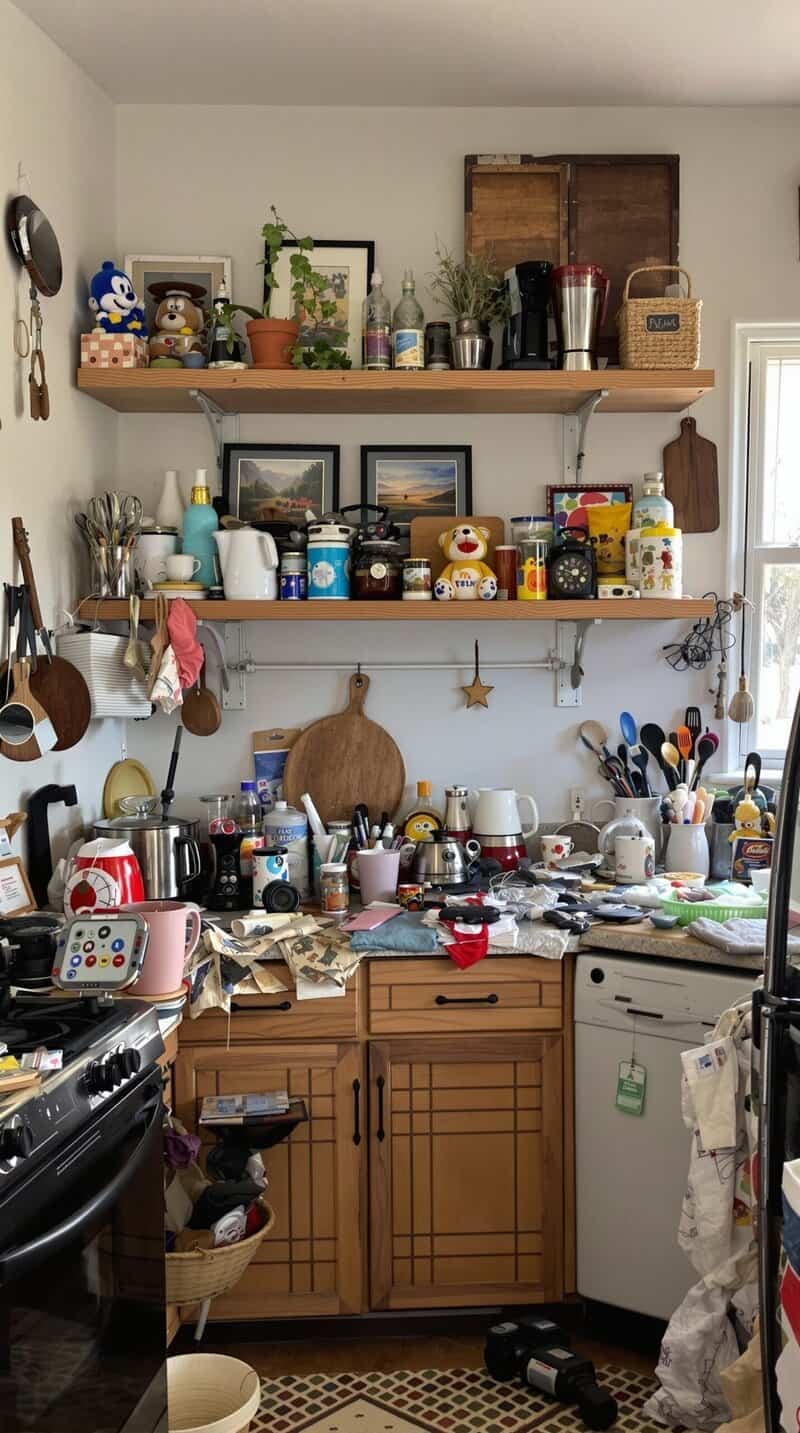 A cluttered kitchen countertop filled with various kitchen items and decorations.