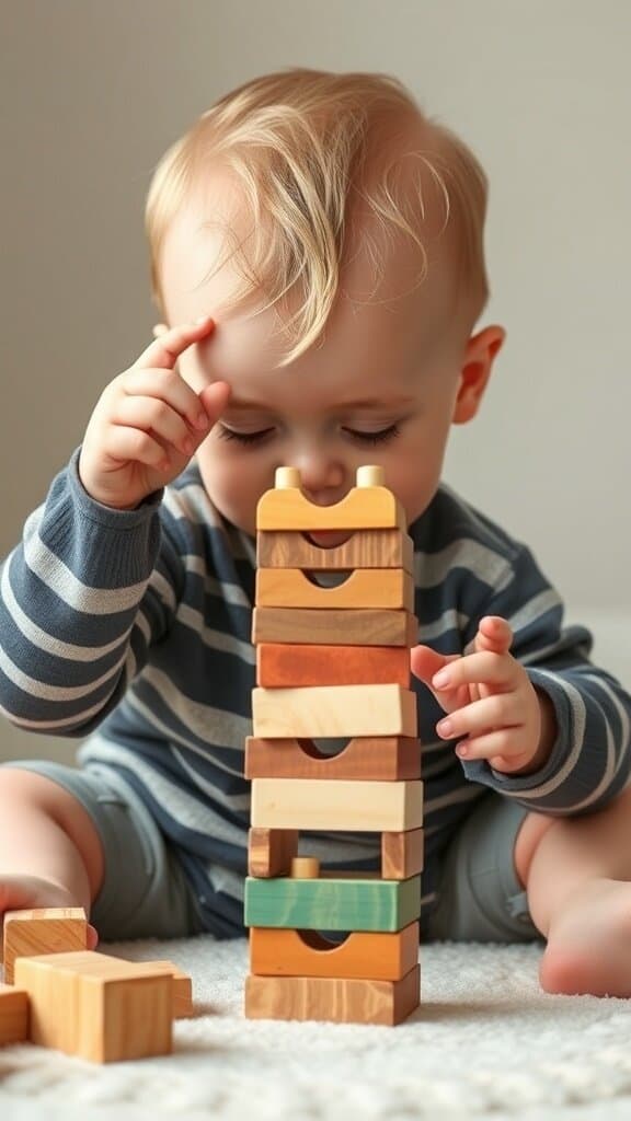A baby stacking colorful wooden blocks, showing early problem-solving skills.