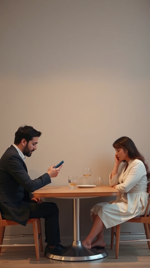 A couple sitting at a table, with one person focused on their phone while the other looks distressed.