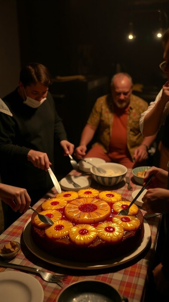 A group of people preparing to serve Pineapple Upside-Down Cake at a gathering.