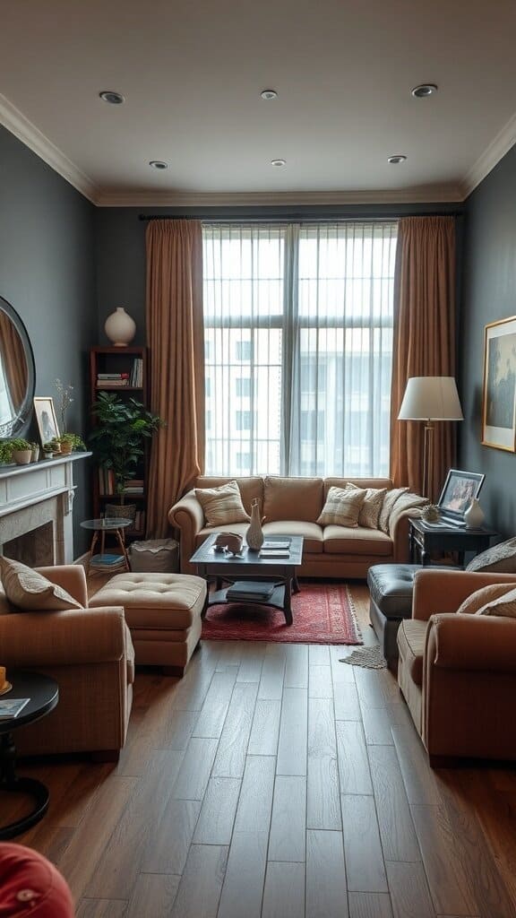 A cozy living room with overstuffed furniture, featuring large sofas and a coffee table.