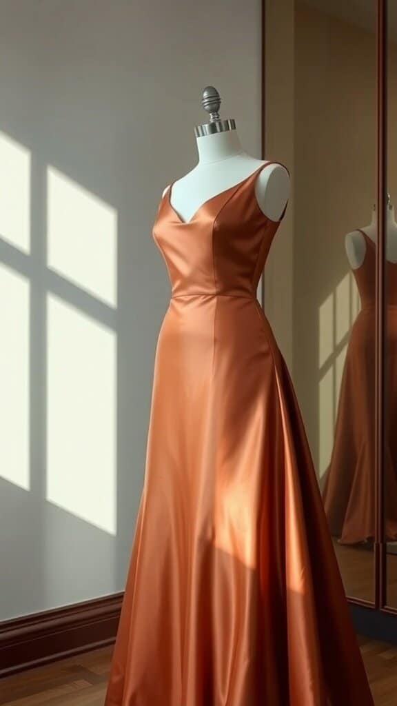 A sleek, satin evening gown displayed on a mannequin with soft lighting.