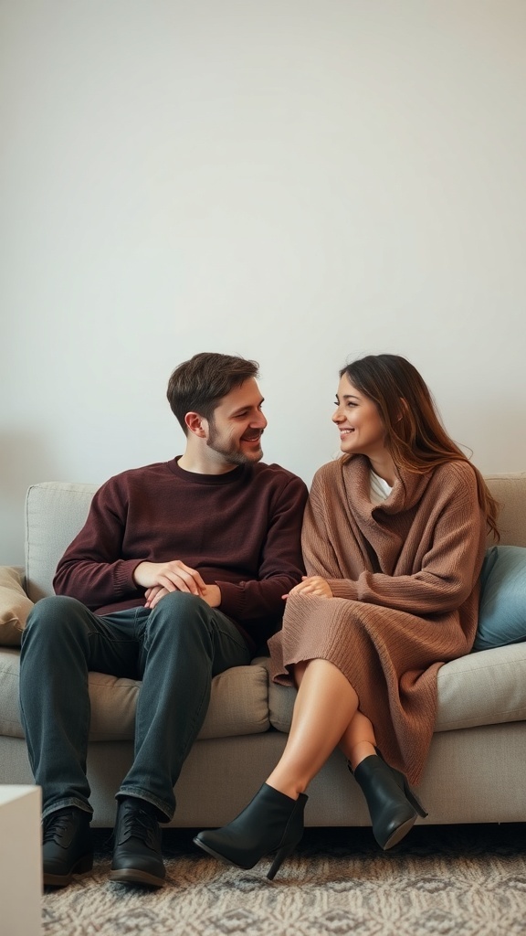 A couple engaged in a deep conversation on a sofa, smiling at each other.