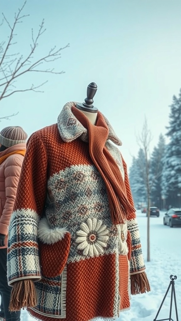 A cozy oversized coat with a mix of patterns and textures displayed on a mannequin in a snowy setting.