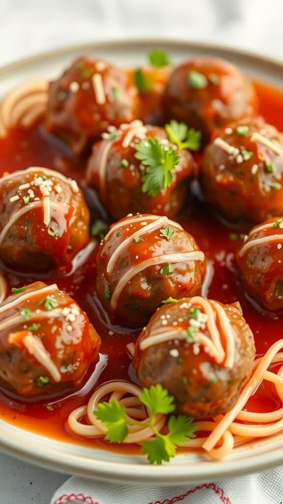 A large platter of meatballs in marinara sauce, with people gathered around a table.