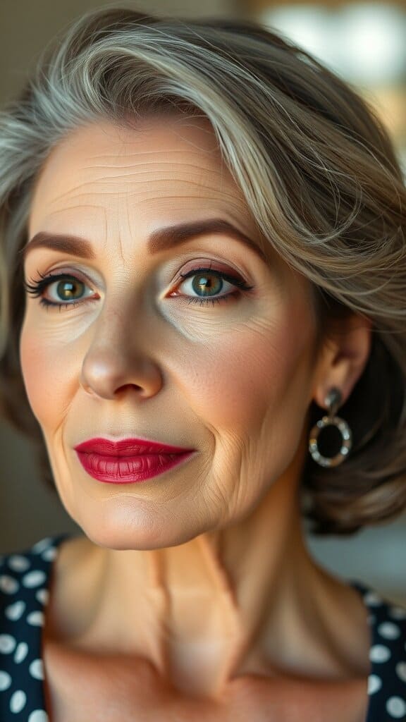 A woman over 50 with polished makeup, featuring defined brows, subtle eyeliner, and a bold red lip, showcasing an elegant look.