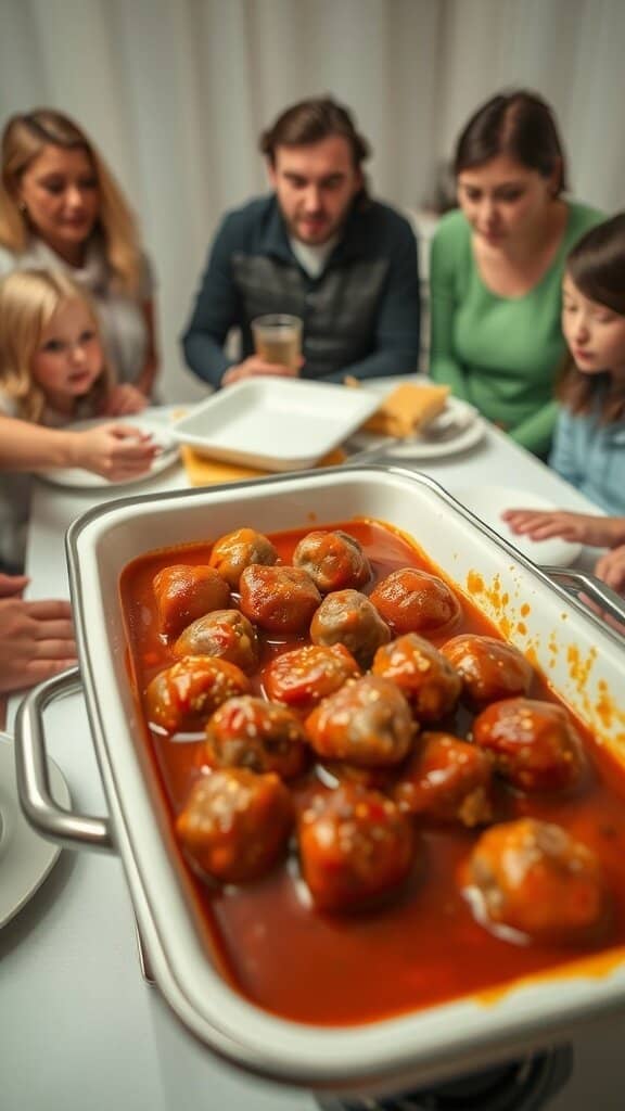 A tray of meatballs in marinara sauce with a family gathered around a table.