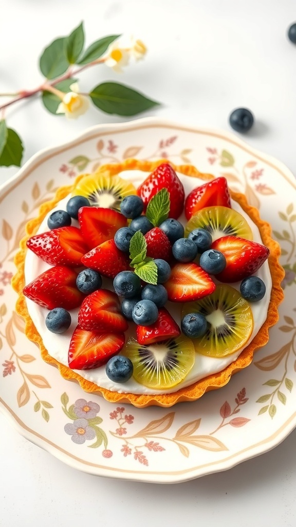 A colorful fruit tart topped with glazed strawberries, blueberries, and kiwi on a decorative plate.
