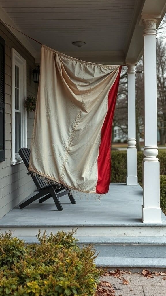 A faded and torn flag hanging on a porch, showing signs of wear and neglect.