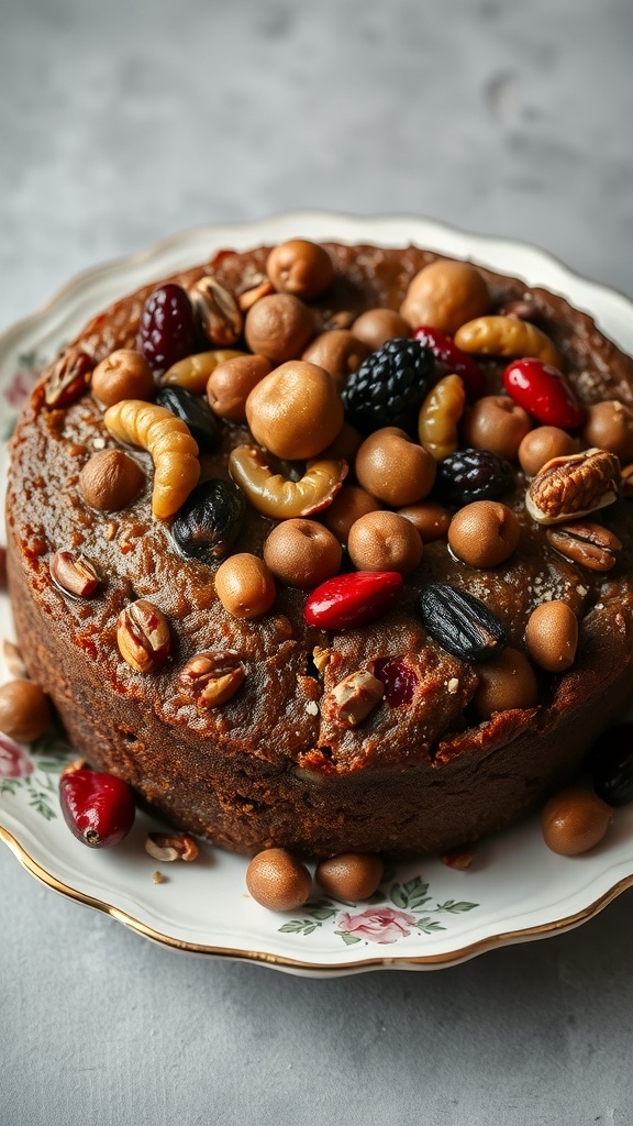 A fruitcake topped with various colorful ingredients, showcasing its dense texture and rich appearance.