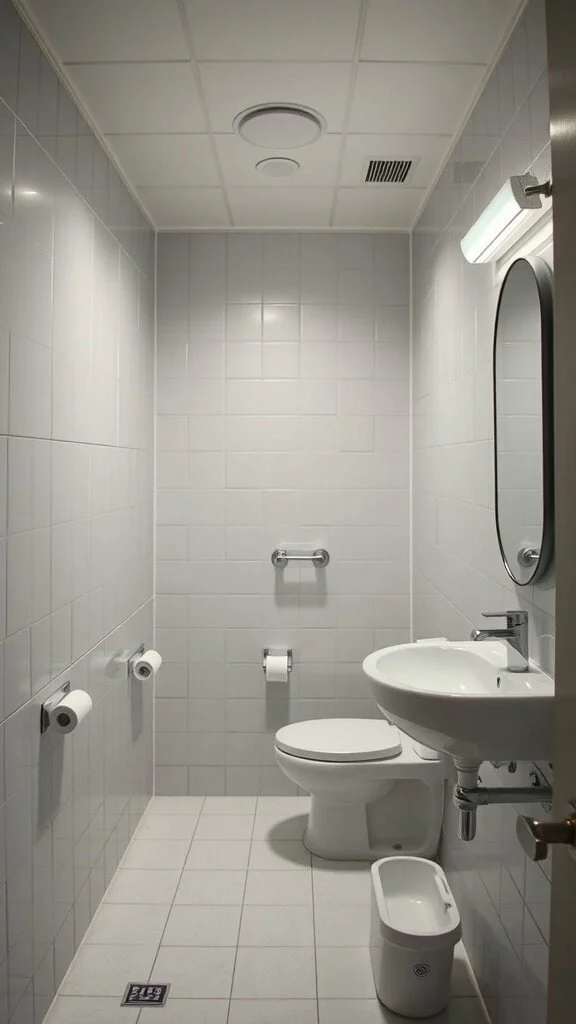 A bathroom with bright lighting and white tiles