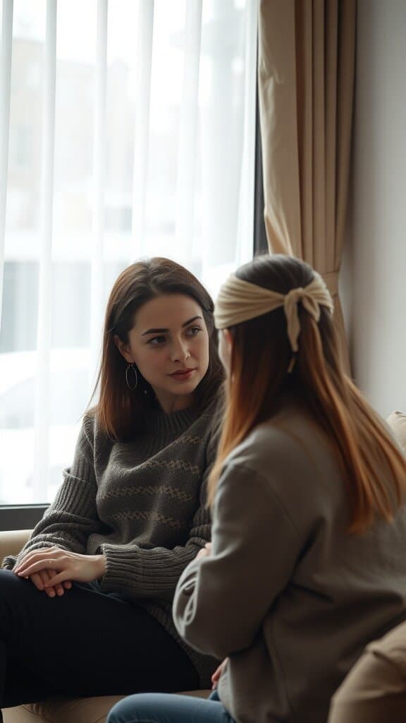 Two women engaged in a deep conversation, one listening intently while the other speaks.