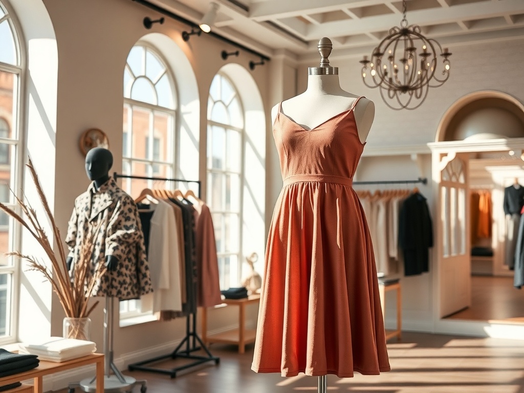 A chic rust-colored midi dress displayed on a mannequin in a boutique, surrounded by stylish clothing.