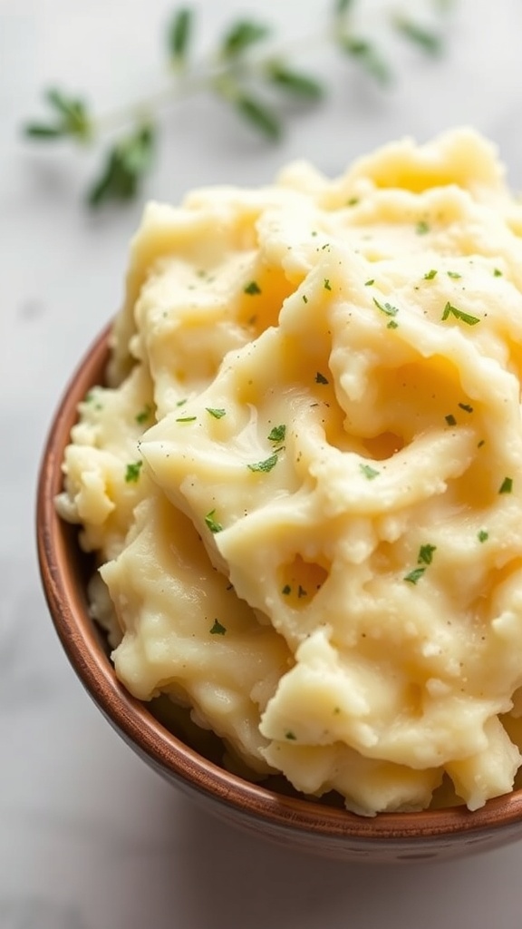 A bowl of creamy mashed potatoes with a fork resting on the side.