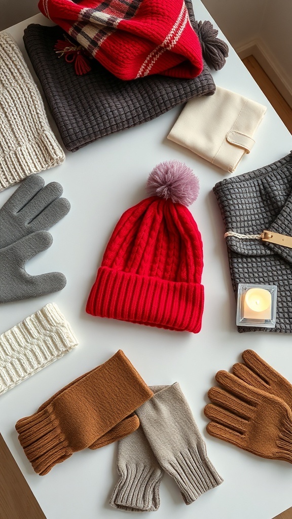 A collection of winter accessories including a red hat, gloves, scarves, and a cream pouch arranged on a table.