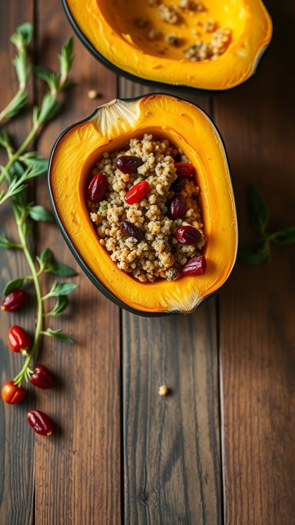Stuffed acorn squash filled with quinoa and beans on a wooden table