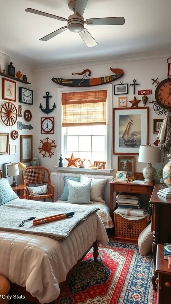 A guest bedroom with nautical themed decor, featuring various wall art, a bed with a quilt, and a cozy atmosphere.