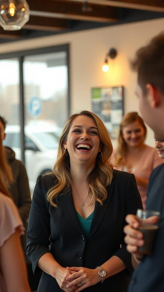 A woman laughing and engaging in conversation with a group, showcasing authenticity and joy.
