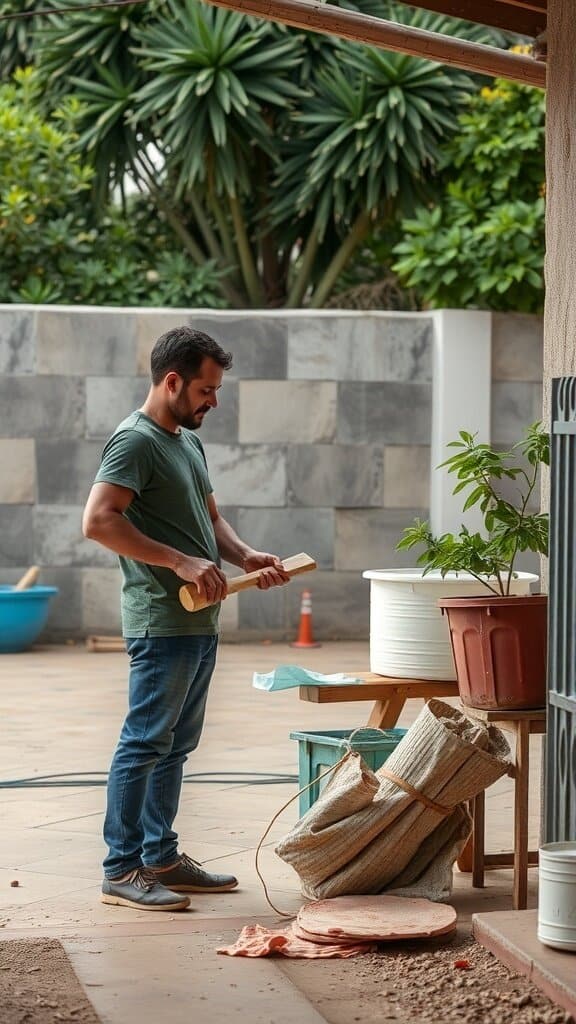 A man focused on a woodworking task in a garden setting.