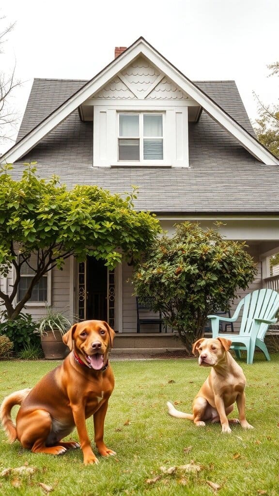 Two dogs sitting in a green yard in front of a house.