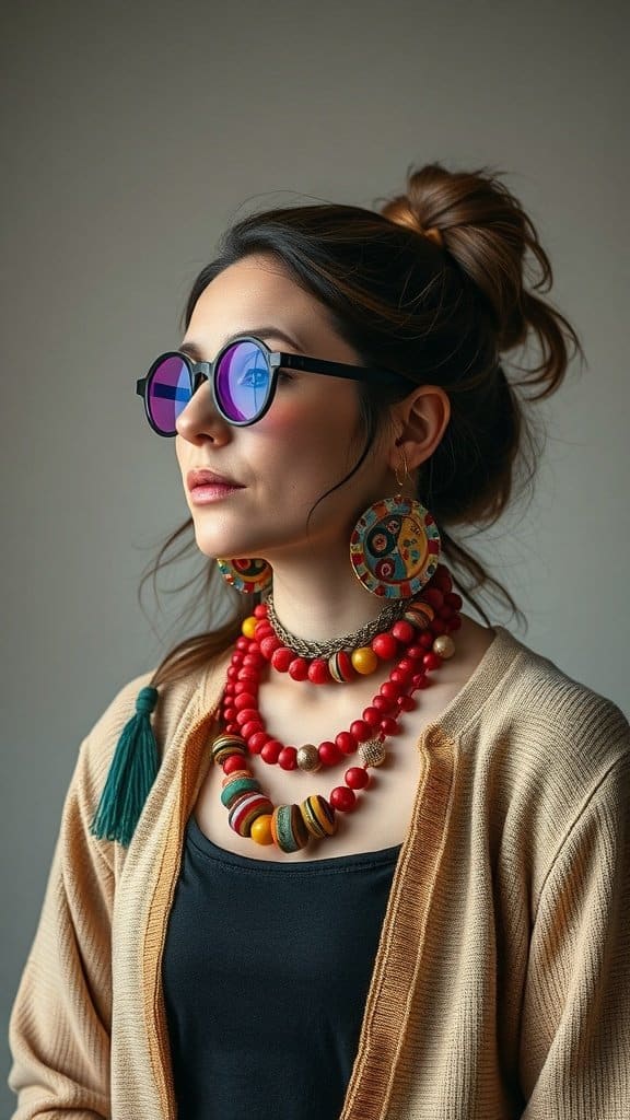 A woman with colorful accessories and sunglasses, showcasing her individuality.