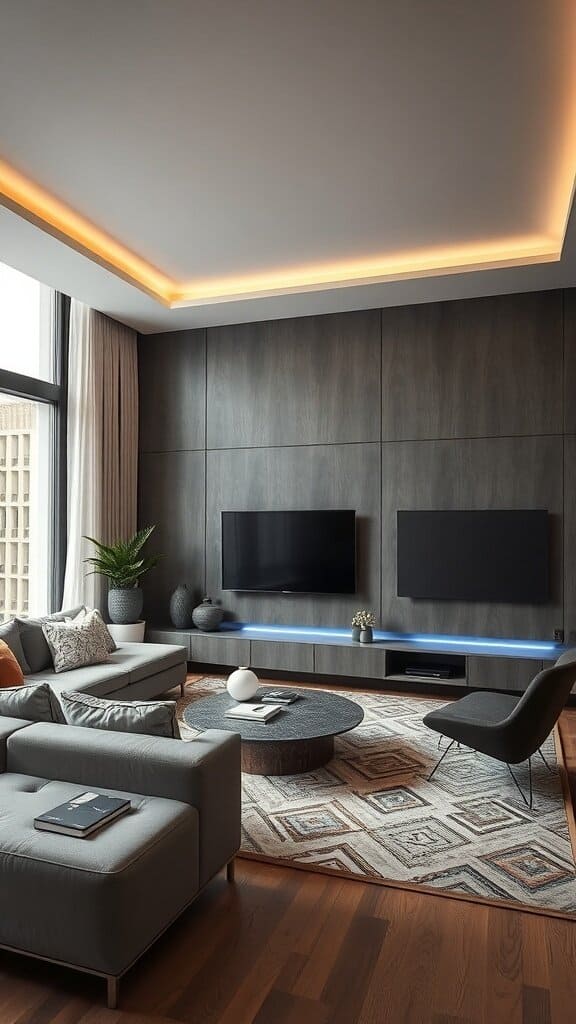 A modern living room featuring two wall-mounted TVs, cozy furniture, and soft lighting.