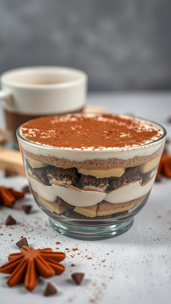 A glass dish filled with classic tiramisu, layered with coffee-soaked ladyfingers and mascarpone cream, topped with cocoa powder, with a cup of coffee in the background.