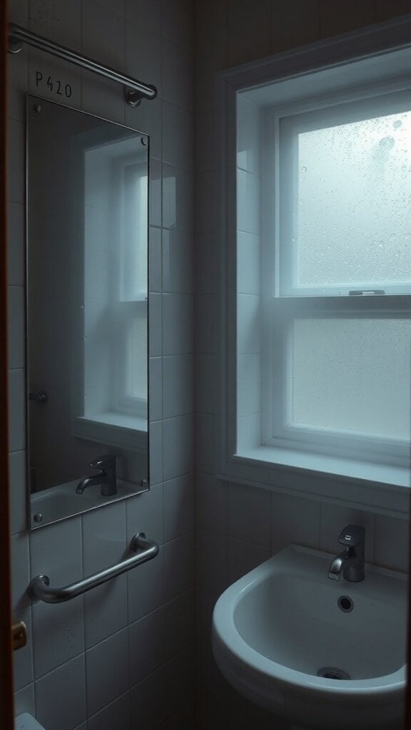 A bathroom with a fogged window and a mirror, indicating poor ventilation.