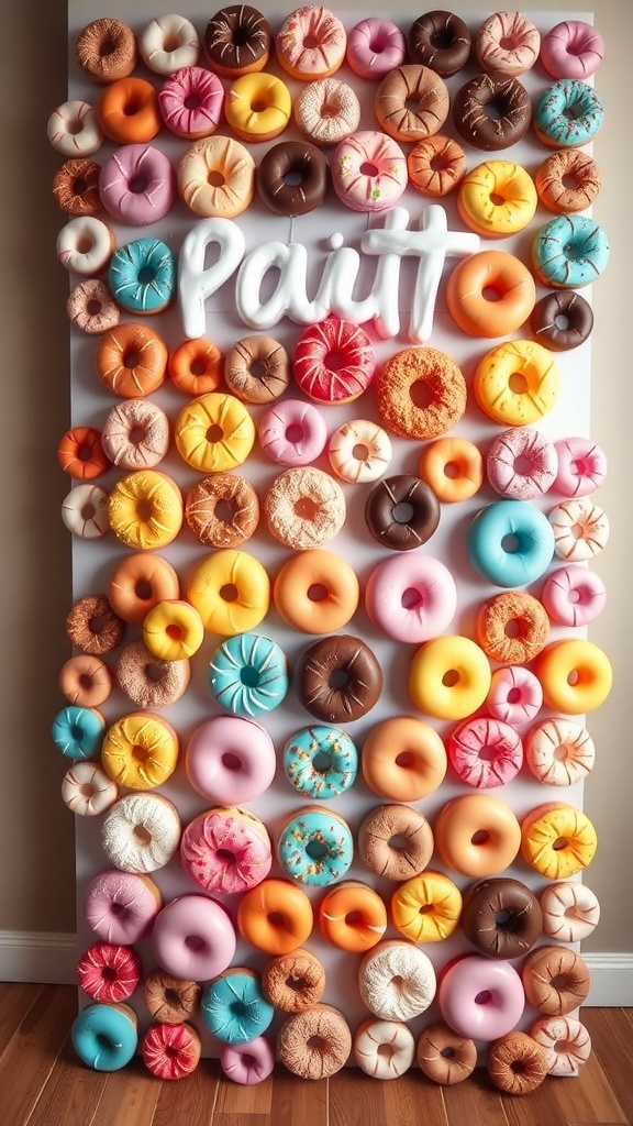 A vibrant donut wall filled with colorful donuts in various flavors and designs.