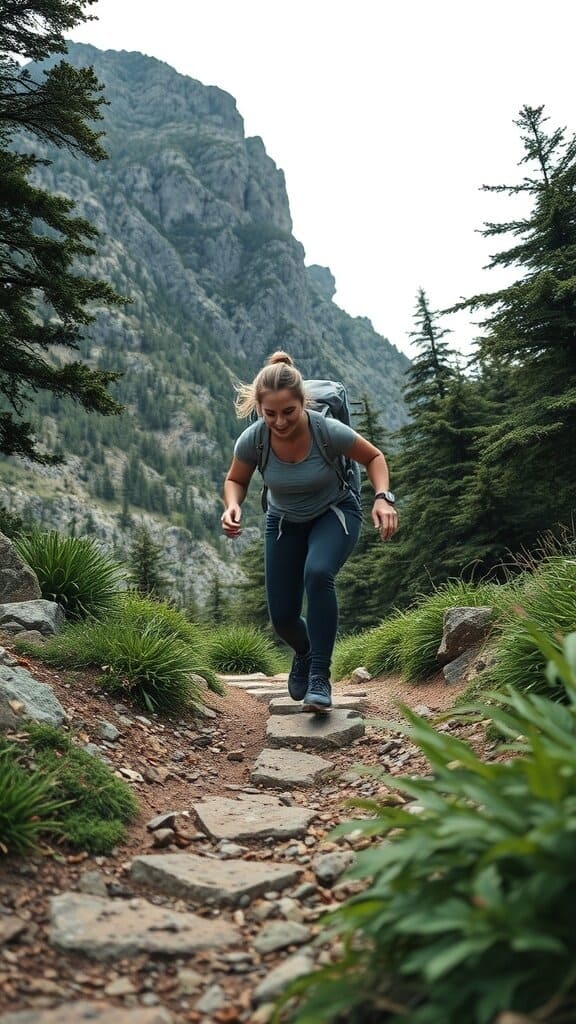 A woman hiking on a rocky path with mountains in the background, smiling and showing determination.